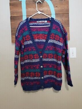 Vintage Multicolor Patterned V-Neck Mohair Blend Kurt Cobain Cardigan Sweater M